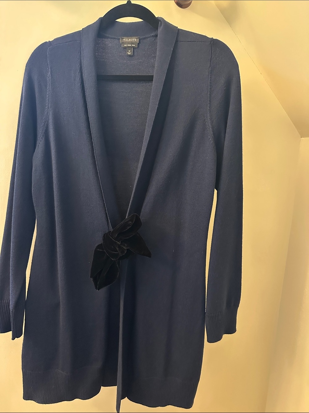 Talbots Navy Open-Front Cardigan with Velvet Bow Accent